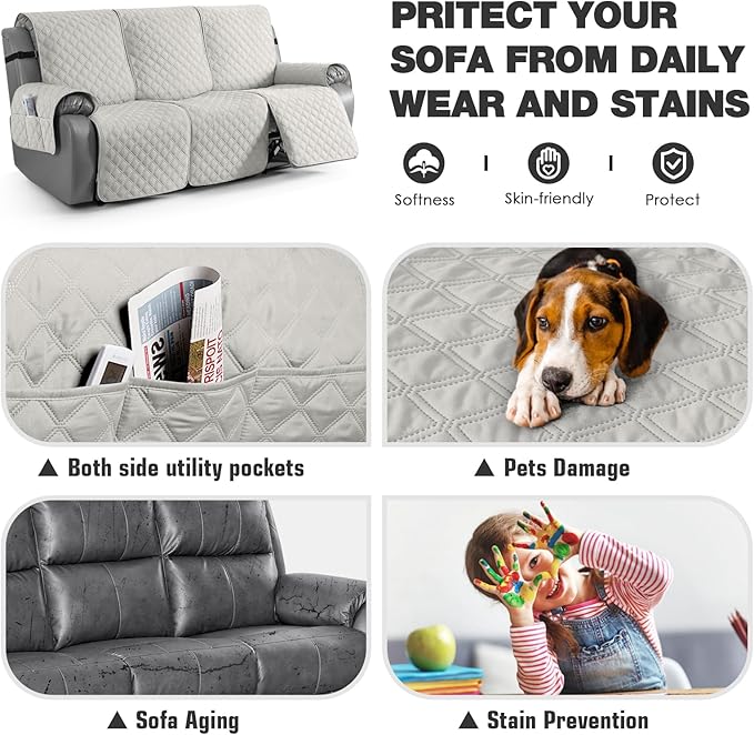 TAOCOCO 100% Waterproof Recliner Couch Covers, Recliner Sofa Covers with Leg Straps, 1-Piece Washable Reclining Sofa Cover with Pocket Couch Protector for Pets Kids(3 Seater, Off White)