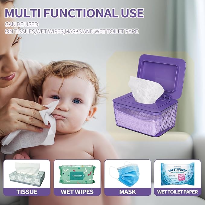 Whiidoom Wipes Dispenser, One-Handed Operation Wipe Holder for Baby & Adult, Seal-Designed Wipes Container for Bathroom Keep Diaper Wipes Fresh (Purple)
