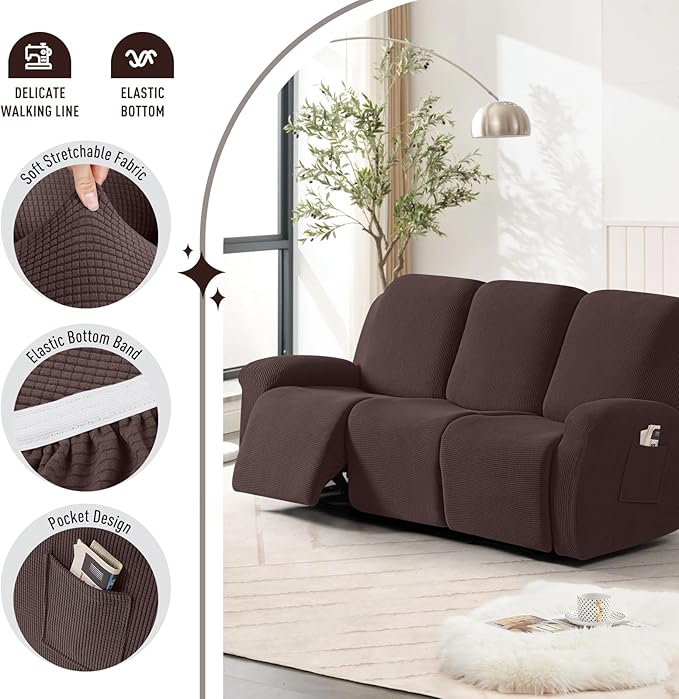 TAOCOCO Recliner Sofa Covers 8-Pieces Stretch Large Couch Covers for 3 Seats Reclining Slipcovers Soft Jacquard Pattern Furniture Protector (Dark Coffee)