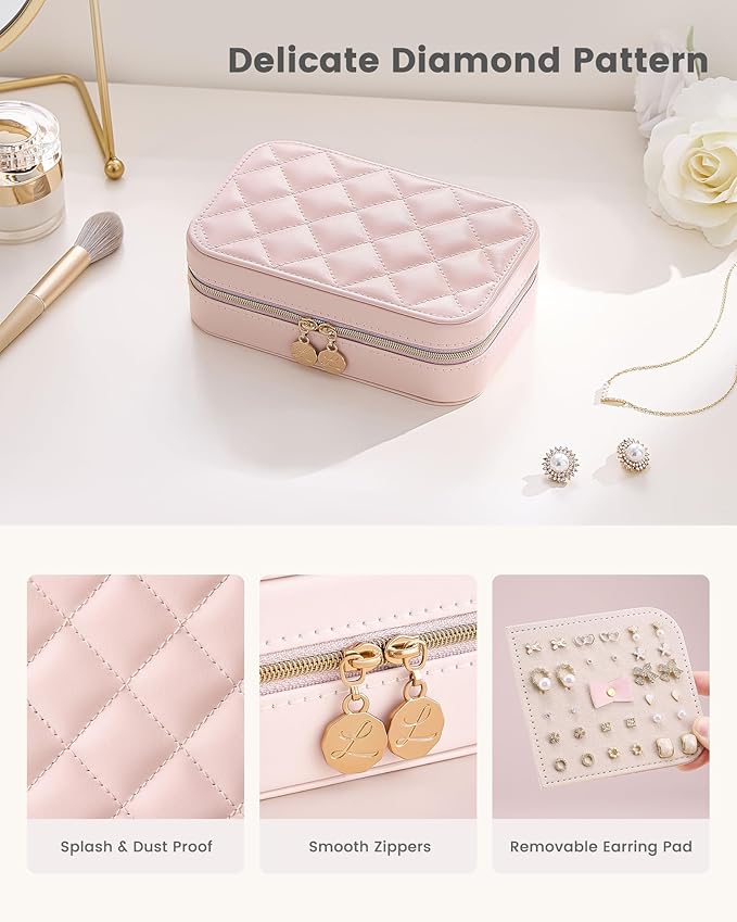 Lolalet Travel Jewelry Case for Women Girls, Travel Jewelry Organizer with Clear Storage Bag Small Portable Jewelry Box for Necklace Bracelet Earring Ring Valentines Bridesmaid Gifts -Medium/Pink