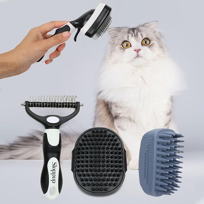 PETIMP STORE Dog Brush Kit for Grooming Short & Long Haired Dogs & Cats, 4-in-1 Pet Grooming Set with Self-Cleaning Slicker Brush, Deshedding Tool, Shampoo Bath Comb, Massge Comb (White Black)