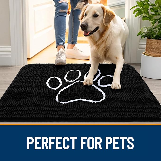OLANLY Dog Door Mat for Muddy Paws 34x21, Paw Print Design, Absorbs Moisture and Dirt, Absorbent Non-Slip Washable Doormat, Quick Dry Chenille Mud Mat for Dogs, Entry Indoor Entryway Carpet, Black