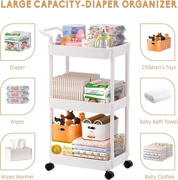 Volnamal Baby Diaper Caddy, Plastic Movable Cart for Newborn Nursery Essentials Diaper Storage Organizer for Changing Table & Crib, Easy to Assemble, Baby Registry, Off-White