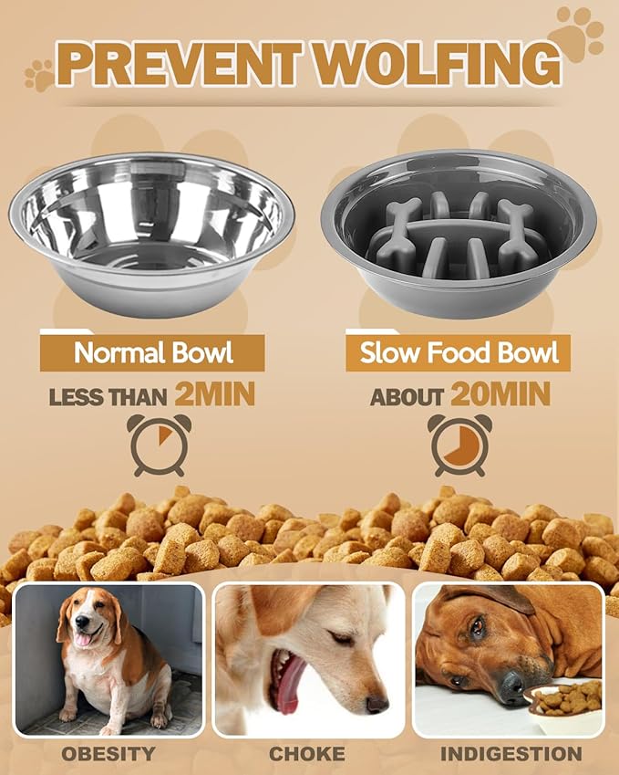 Jovrun Elevated Dog Bowls, Dog Feeder with Stainless Steel Dishes & Slow Feeder Bowl, 5 Heights Adjustable Raised Stand for Medium Large, Food Dishes with Non-Slip Feet