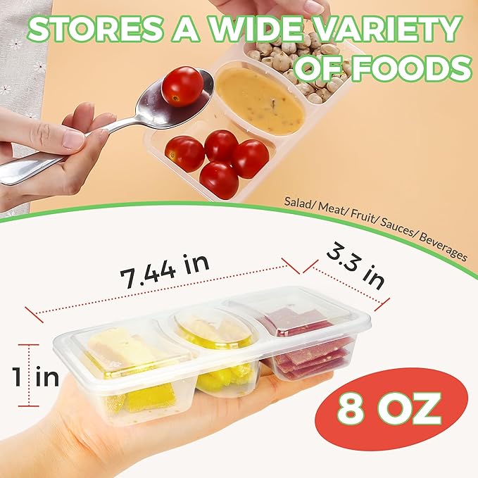 MACTANO 8 OZ Reusable Snack Containers with Lids, New 3 Compartment Condiment Snack Pack Containers 20 Sets