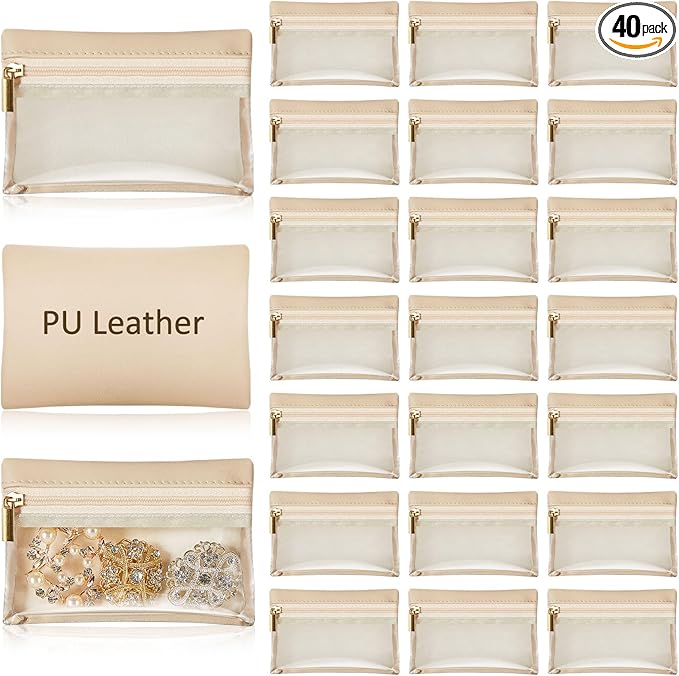 Uiifan 40 Pcs Travel Jewelry Bags Transparent PU Leather Zipper Pocket Rectangle Jewelry Storage Jewelry Organizer Box for Women Gift