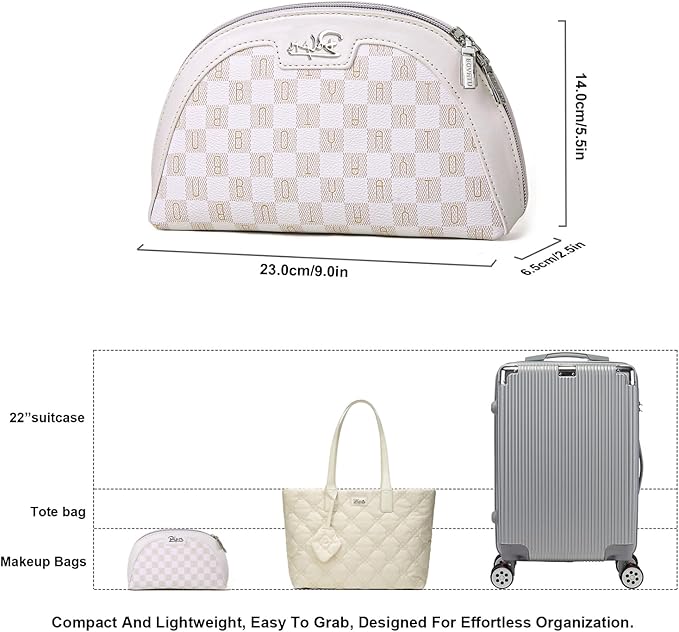 BOYATU Small Travel Makeup Bag for Women: Elegant Vegan Leather Cosmetic Pouch for Purse - Waterproof Toiletry Bag with Mirror(024-White)