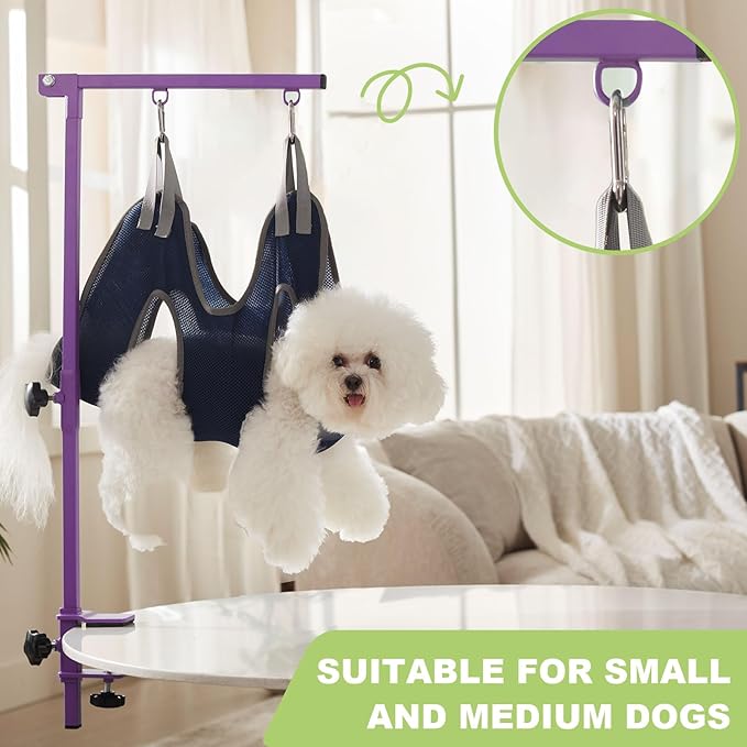 Home Dog Grooming Table Arm with Hammock 35" Height Adjustable Dog Grooming Arm with Clamp No-Sit Haunch Holders Durable Purple(Grooming Table Not Included)