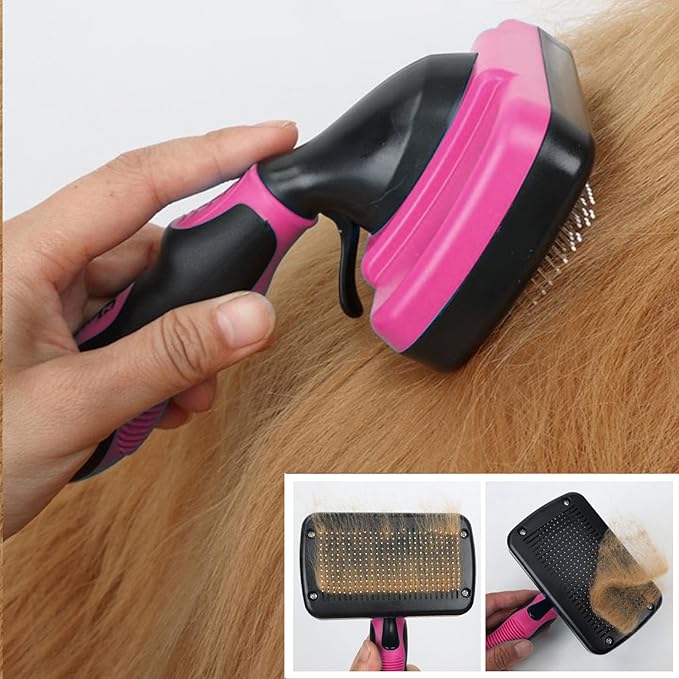 PETIMP STORE Dog Brush Kit for Grooming Short & Long Haired Dogs & Cats, 4-in-1 Pet Grooming Set with Self-Cleaning Slicker Brush, Deshedding Tool, Shampoo Bath Comb, Massge Comb (Pink Black)