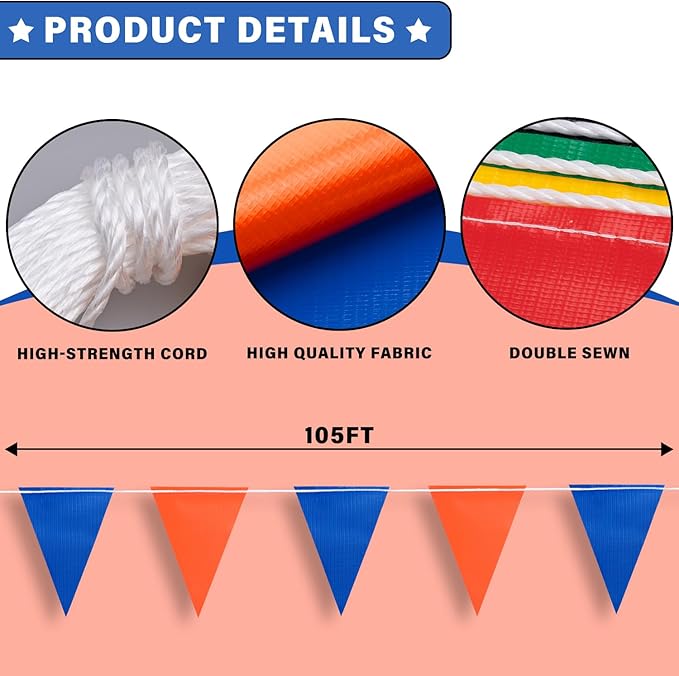 105ft Pennant Banner Flags, 7x10 Blue and Orange 45 Pcs High Visibility Safety Flagging on String, Triangle Pool Flag for Backstroke, Construction Events Party Decoration Parking Marking Outside