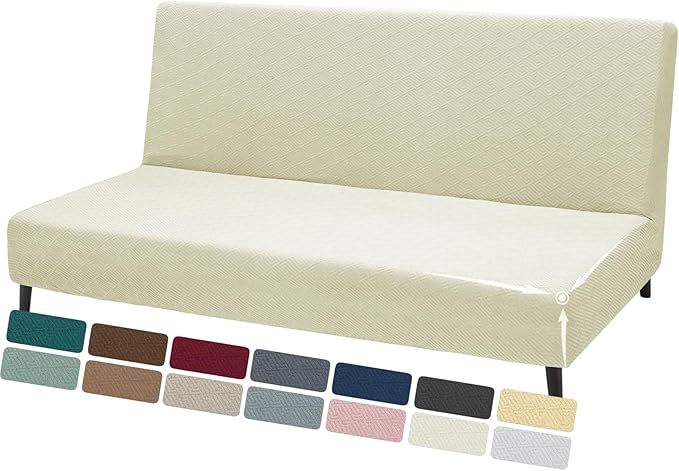 ZNSAYOTX Stretch Fit Futon Cover (67"-82") Armless Futon Sofa Bed Slipcover with Elastic Band, Universal Foldable Sofa Mattress Protector Full Queen Size, Washable Comfort Jacquard (Light Beige)