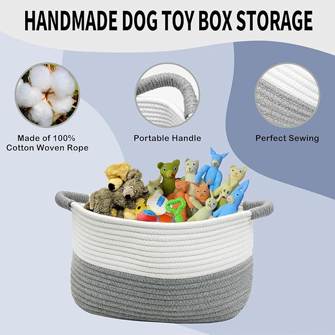 Fhiny Cotton Rope Dog Toy Basket with Handle Puppy Toys Storage Bin Small Woven Rectangle Diapers Pet Kitty Bed Perfect for Carry Pet Chew Toys Blankets Leashes Doggie Stuff - White and Grey (L)