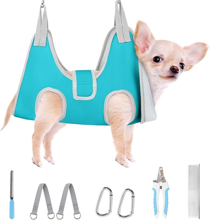 Supet Dog Grooming Hammock for Small Dogs, Dog Hanging Harness for Nail Trimming Doorframe, Pet Holder Restraint for Clipping Nails, Pet Hoist Sling for Cutting Nails at Home (Blue XXS)