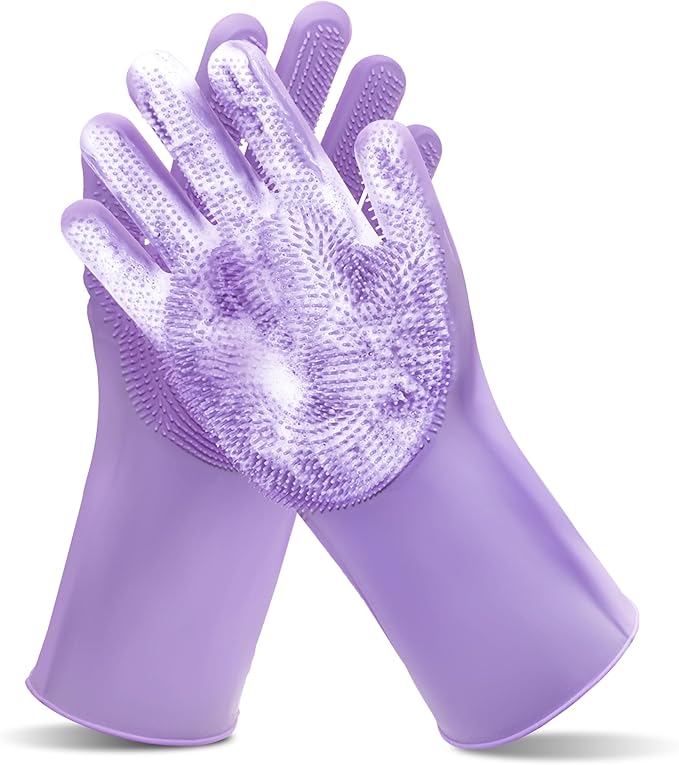 Maiiu Pet Grooming Gloves—Heat Resistant Dog Washing Gloves with High-Density Teeth, Dog Bath Scrubber with Enhanced Five Finger Design, Silicone Gloves for Dogs and Cats Bathing, Massage (Purple)