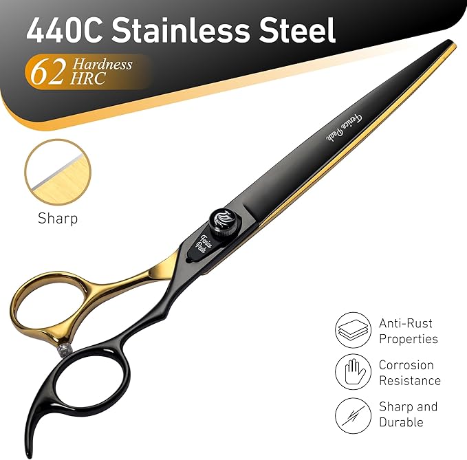 Fenice Peak 7'' Black Dog Grooming Scissors Goldern Straight Shears with Ergonomic Offest Handle and Pattern Screw Pet Grooming Trimming Shears Durable and Sharp 440C