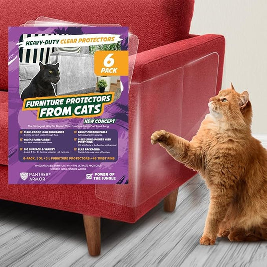 6 Pack Cat Scratch Furniture Protector Sheets – Clear Couch & Sofa Guard from Cat Claws – Easy Apply, Removable, with Twist Pins (3 XL + 3 Large)