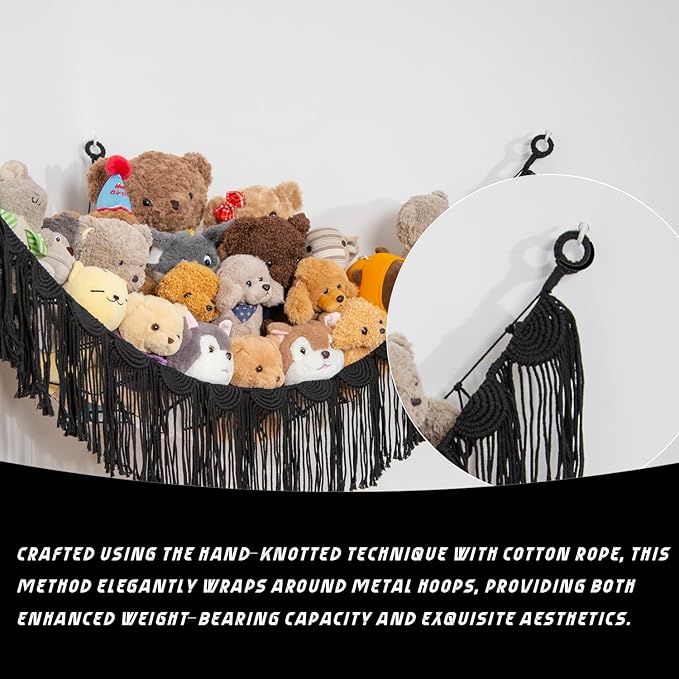 Amdermi Stuffed Animal Hammock Corner Hanging Net for Toy Organizer Playroom Stuffed Animal Toy Hammock Macraem Toy Display Plush Toy Holder for Bedroom (Black)