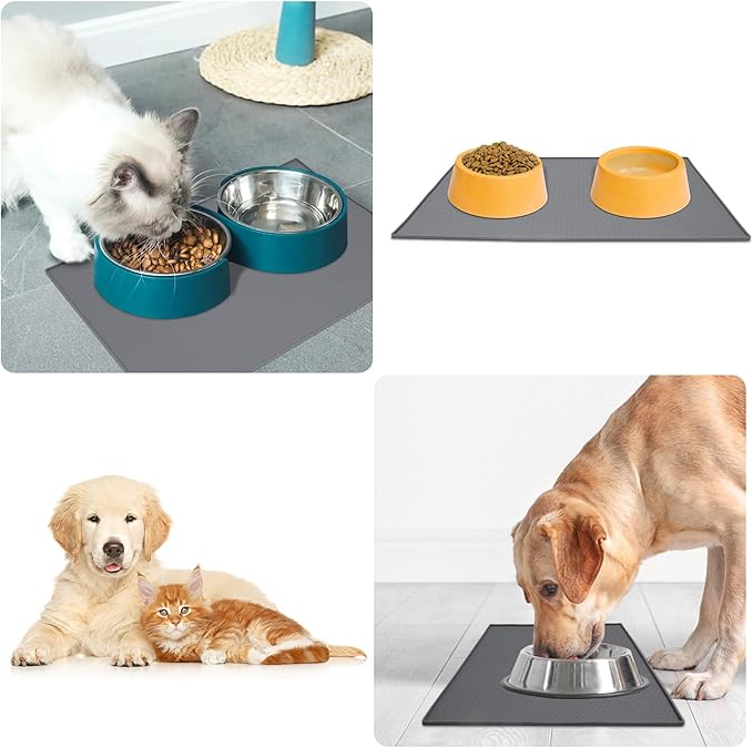 Premium Silicone Dog Food Mat,Dog Bowl mat, Pet Food pad- Anti-Slip Pet Food Mat for Dogs and Cats - Waterproof and Easy to Clean Gray -24 * 16IN