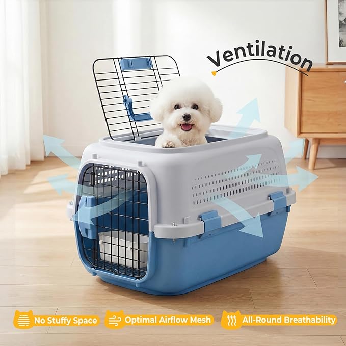 NEWBULIG 23" Hard-Sided Dog Carrier, Plastic Cat & Dog Crate, 4-Sided Ventilation Travel Pet Kennel, Top & Front Door Access, Integrated Food Bowl, for Small Pets up to 22 lbs, Blue