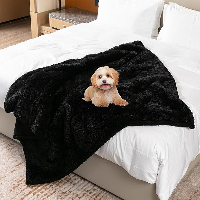 Wowchine Black Pet Calming Couch Throw Blankets for Dogs Waterproof Dog Blanket Fluffy Long Faux Fur for Little Dog Cat Puppy Mat Washable(Black,XS-28 * 20in)