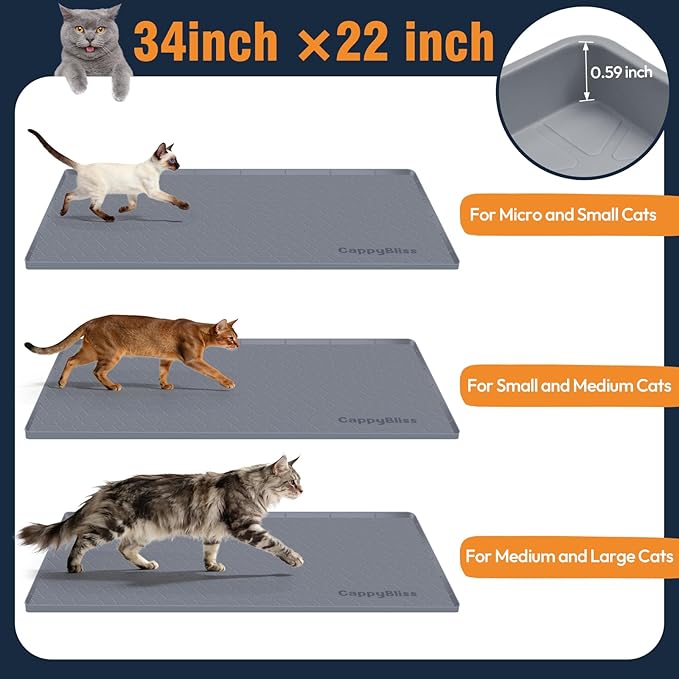 Large Cat Mat for Litter Box, 34"x22" Waterproof Silicone Mat with Litter Trapping, Easy Clean & Non-Slip Floor Pad for Indoor Cats, Khaki