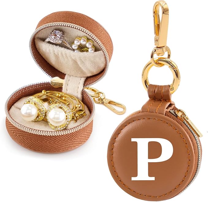 Mini Initial Travel Jewelry Case Ring Holder, Brown Faux Leather Small Jewelry Organizer Box Gifts for Women Girls Nurse Teacher, Gym Travel Accessories Keychain Pouch for Earrings Rings Necklace P