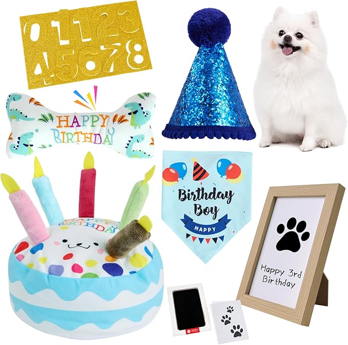Dog Birthday Toy Set, Dog Squeaky Toys, Includes Squeaky Cake Toy, Plush Bones, Birthday Hats, Bandana, Paw Print Kit & Photo Frame. Pet Gift Supplies, Blue