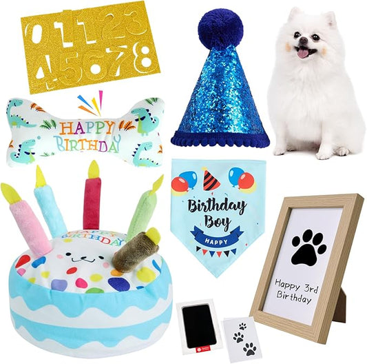 Dog Birthday Toy Set, Dog Squeaky Toys, Includes Squeaky Cake Toy, Plush Bones, Birthday Hats, Bandana, Paw Print Kit & Photo Frame. Pet Gift Supplies, Blue