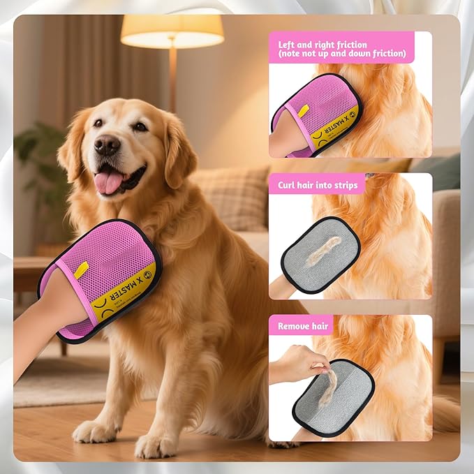 2Pack Static Pet Hair Remover Gloves – Premium Reusable Grooming Glove for Cats & Dogs, Soft Mesh + Brush Cloth, Electrostatic Fur Remover for Couch, Clothes, Carpet (Pink)