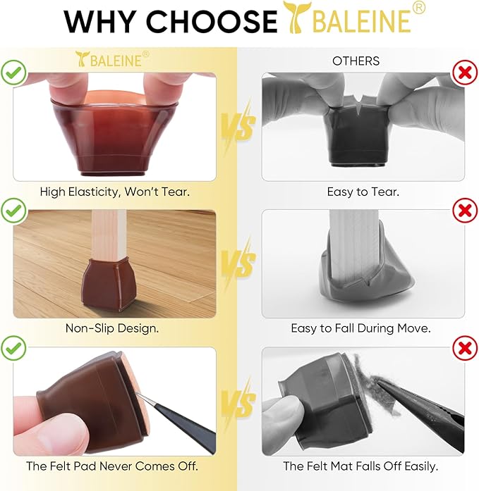 BALEINE 24 Pack Silicone Chair Leg Floor Protectors, Stool Leg Protectors Cap, Non-Slip Chair Leg Caps for Hardwood Floors (Brown & Small (Square), 24 Pack)