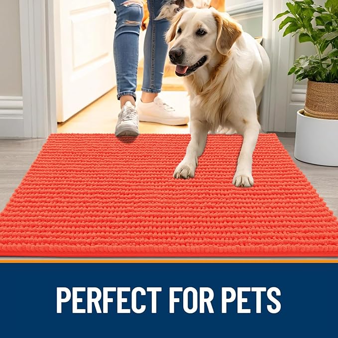 OLANLY Dog Door Mat for Muddy Paws 59x35, Ultra Absorbent Chenille Mud Doormat, Non-Slip Washable and Dirt Trapping Doormat for Indoor Entryway, Quick-Dry Indoor Pet Bed Mats for Dogs, Coral