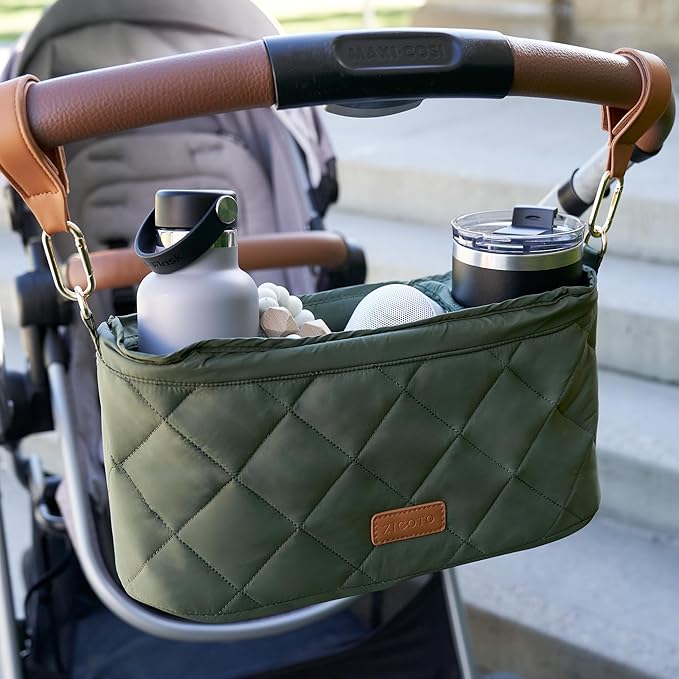 Beautiful Stroller Caddy Organizer With 2 Cup Holders – Luxury Stroller Bag, Universal Fit, Leather Straps & Zipper Pocket – Spacious Accessories Perfectly Fits Doona, Nuna & Uppababy Strollers