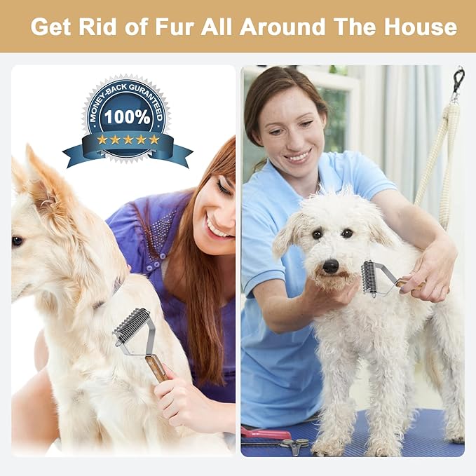 Undercoat Rake for Dogs - Dual-Sided Deshedding Blade, Wooden Handle, Professional Pet Grooming Tool with Matting Remover & Shedding Control for Double Coat Dogs & Long-Haired Cats, Large