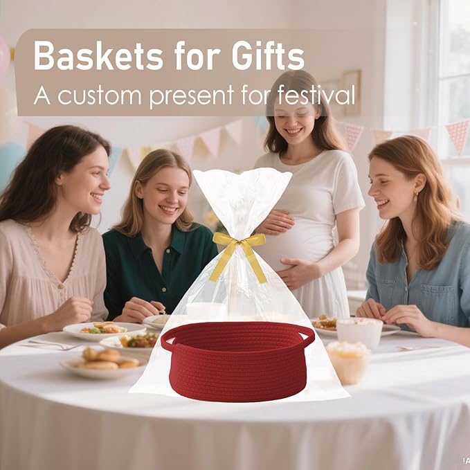 Woven Basket,Small Rope Storage Bin with Handles & Ribbon Bag, Organizer for Shelves Closets,Gift Basket Empty for Birthday,Books,Dog Toys, Red/3 Pack