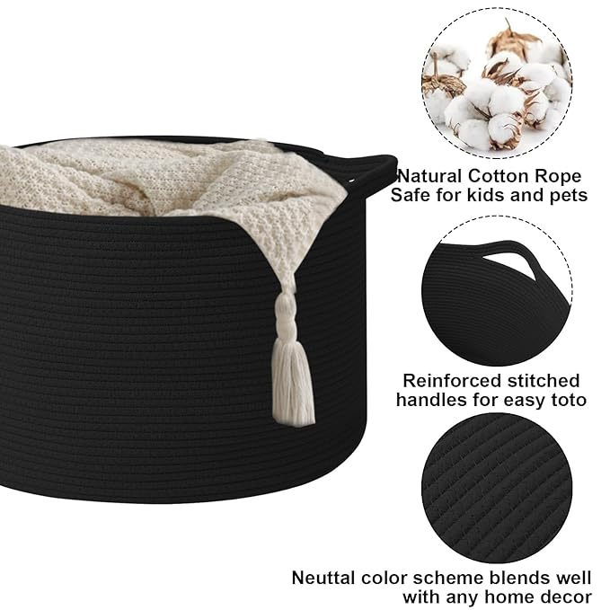 65L Extra Large Woven Cotton Rope Blanket Basket with Handles, Laundry Hamper Storage Bin for Pillows, Comforters,Clothes, Toys, Nursery, Bedroom and Living Room Organization,Black