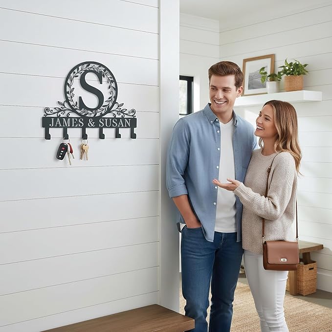 Personalized Customizable Metal Letter Key Holder for Wall, Monogram Coat Rack Wall Mount, Key Hooks for Bathroom, Living Room, Kitchen, Office, Ideal Wedding, Anniversary & Housewarming Gift (Garden)