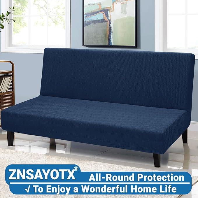 ZNSAYOTX Stretch Fit Futon Cover (67"-82") Armless Futon Sofa Bed Slipcover with Elastic Band, Universal Foldable Sofa Mattress Protector Full Queen Size, Washable Comfort Jacquard (Navy Blue)