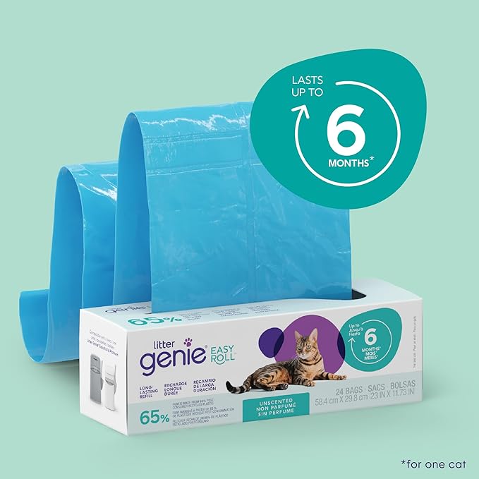 Litter Genie Easy Roll Refill | Cat Litter Refill Bags | 24 Tear-Off Bags | Lasts Up to 6 Months | 65% Recycled Plastic | Zero Plastic Packaging | Fits Litter Genie Easy Roll & Platinum Pails