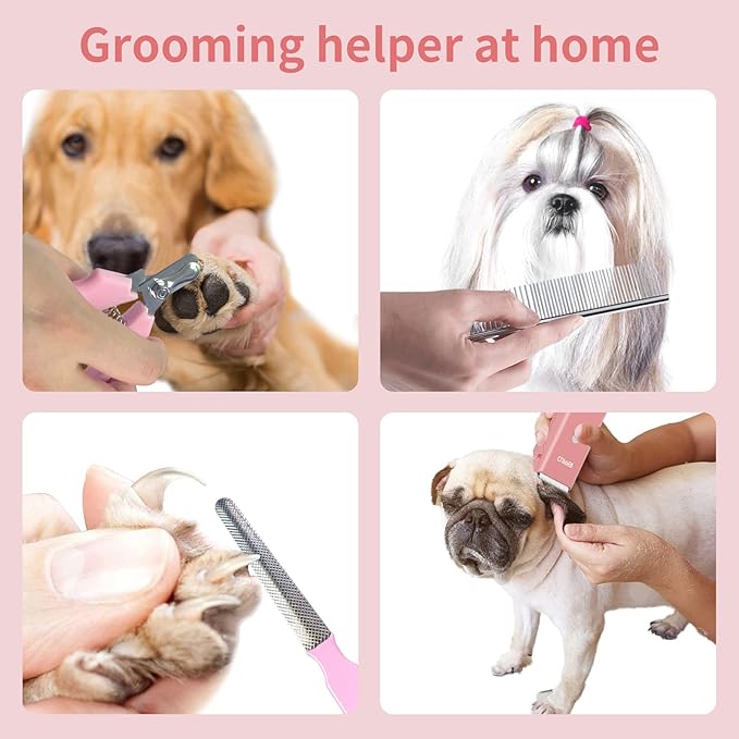 Founouly Pink Dog Cat Clippers, Home Professional Cordless Cat Grooming Tools for Dog Thick Coat Clippers, Low Noise Pet Hair Trimmer Kits with 9-Pieces