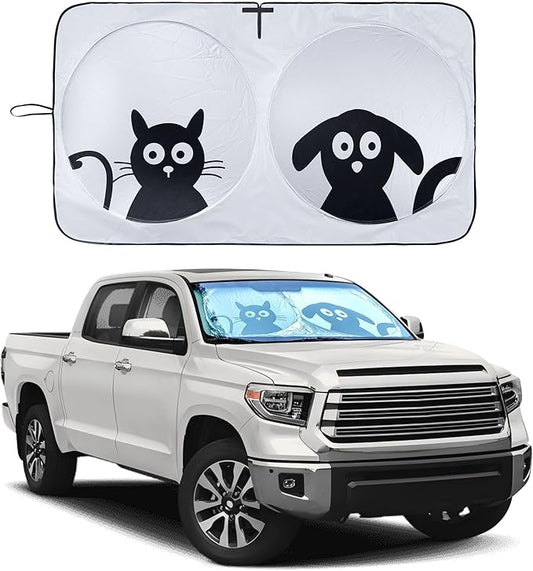 IC ICLOVER Car Windshield Sunshade with Pet Design, Cute Cartoon Design Front Auto Car Windshield Sun Shade Folding Silvering Sun Visor - UV Coating for UV Ray Deflector (Dog & Cat) -Large
