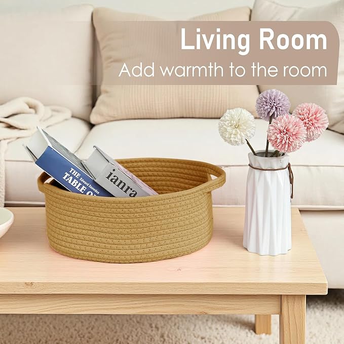 JMvicyroam Woven Basket,Small Rope Storage Bin with Handles & Ribbon Bag, Organizer for Shelves Closets,Gift Basket Empty for Birthday,Books,Dog Toys, Jute