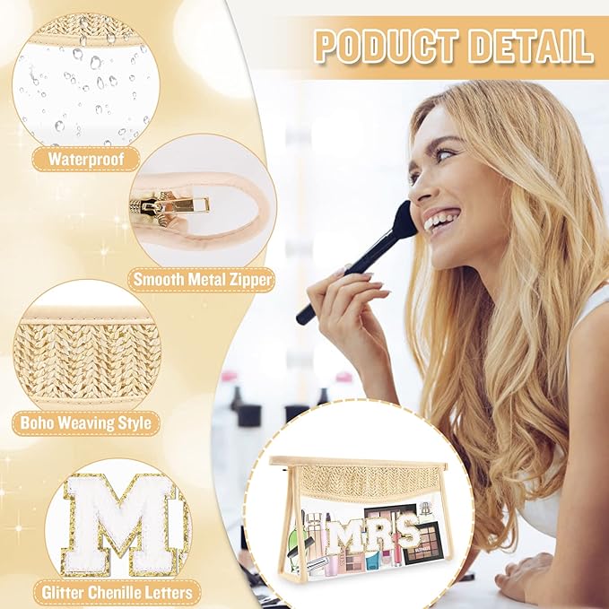 Clear Makeup Letter Patch Makeup Bag MRS Pouch, Boho Clear Toiletry Bags Travel Small Cute Preppy Chenille Letter Cosmetic Zipper Pouch Purse, Waterproof Glitter Wedding Make Up Storage for Women(MRS)