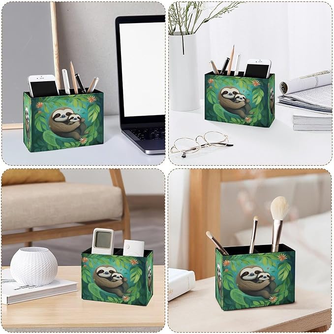 Famame Sloth with Baby Leaves Pencil Holder for Desk, Leather Desktop Container Pen Cup Storage Study Table Pen Organizer Makeup Brush Holder for Classroom Office Home