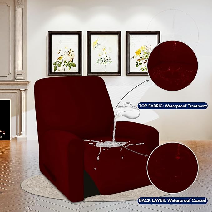 PureFit 100% Dual Waterproof Recliner Cover, Waterproof Couch Cover for Recliner - Stretch Non Slip Fleece Sofa Covers Washable, Leakproof Furniture Protector for Kids, Pets, Dog (Recliner, Wine)