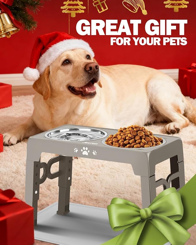 Jovrun Elevated Dog Bowls, Dog Feeder with Stainless Steel Dishes & Slow Feeder Bowl, 5 Heights Adjustable Raised Stand for Medium Large, Food Dishes with Non-Slip Feet