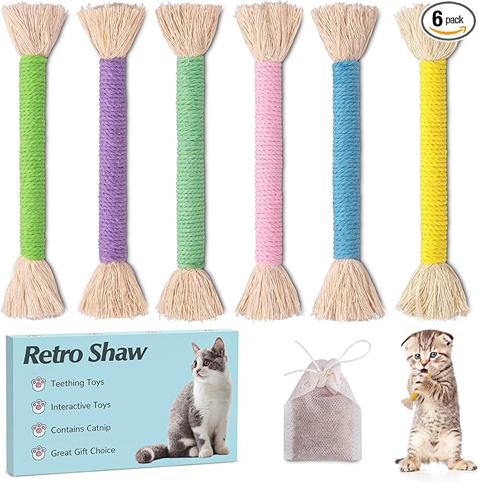 Retro Shaw 6Pcs Kitten Toys Chew Rope, Safe Teeth Cleaning Cat Toys for Indoor Kittens, Soft Cotton Interactive Refillable Catnip Toy for Cats Nip Kicker 6.1 Inches