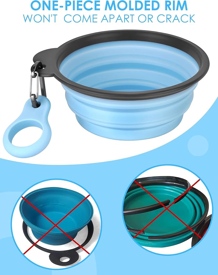 Aonkey Collapsible Dog Bowls with Bottle Carrier, 2 Pack Travel Dog Water Bowl Upgraded Carabiner, One-Piece Molded Rim No Fall Off or Crack 37oz, Blue & Green