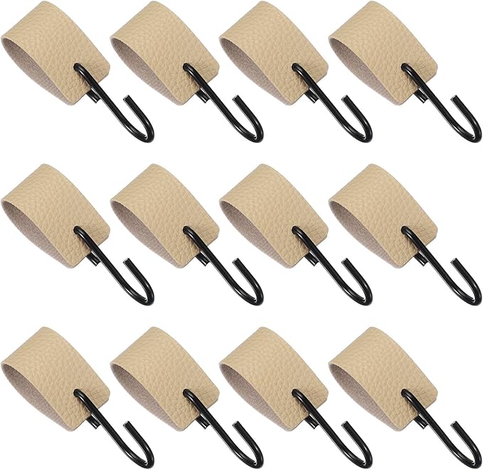 uxcell 12 Pcs PU Leather S Hooks, Multifunctional S Shaped Hooks for Hanging Coat Towel Camping Kitchen Bathroom Handle, Beige