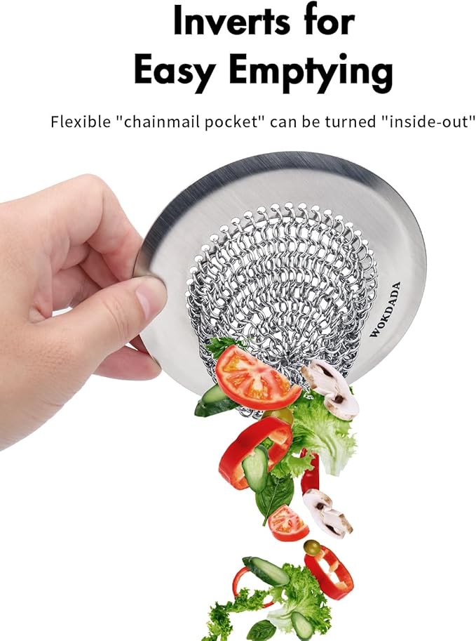 Revolutionary Kitchen Sink Drain Strainer& Sink Stopper/Patented Reversible Chain Mesh, Effortless Cleaning & Debris Catcher, Large Capacity, No Clog, 304 Stainless Steel & Rust-Proof