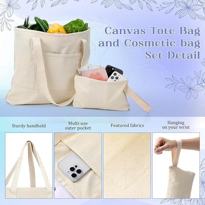 Sanwuta Canvas Tote Bags Bulk with Outer Pocket and Makeup Pouch 18'' Reusable Grocery Bags with Handles for Women Beach DIY